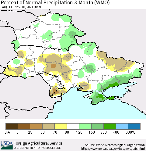 Ukraine, Moldova and Belarus Percent of Normal Precipitation 3-Month (WMO) Thematic Map For 8/11/2021 - 11/10/2021