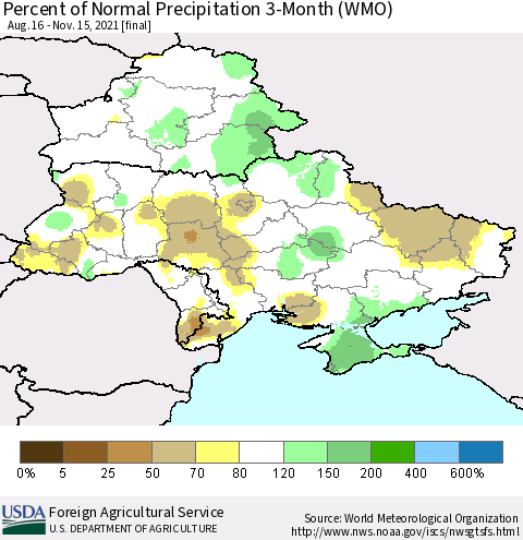 Ukraine, Moldova and Belarus Percent of Normal Precipitation 3-Month (WMO) Thematic Map For 8/16/2021 - 11/15/2021