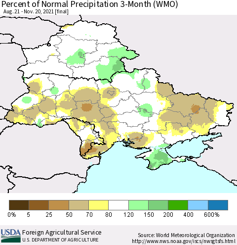 Ukraine, Moldova and Belarus Percent of Normal Precipitation 3-Month (WMO) Thematic Map For 8/21/2021 - 11/20/2021