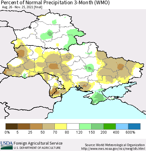 Ukraine, Moldova and Belarus Percent of Normal Precipitation 3-Month (WMO) Thematic Map For 8/26/2021 - 11/25/2021