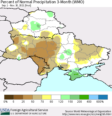 Ukraine, Moldova and Belarus Percent of Normal Precipitation 3-Month (WMO) Thematic Map For 9/1/2021 - 11/30/2021