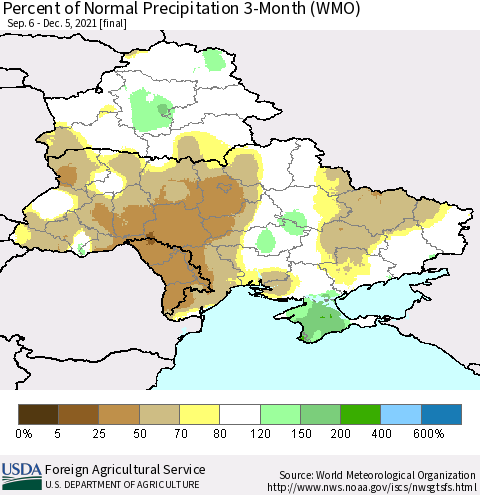 Ukraine, Moldova and Belarus Percent of Normal Precipitation 3-Month (WMO) Thematic Map For 9/6/2021 - 12/5/2021