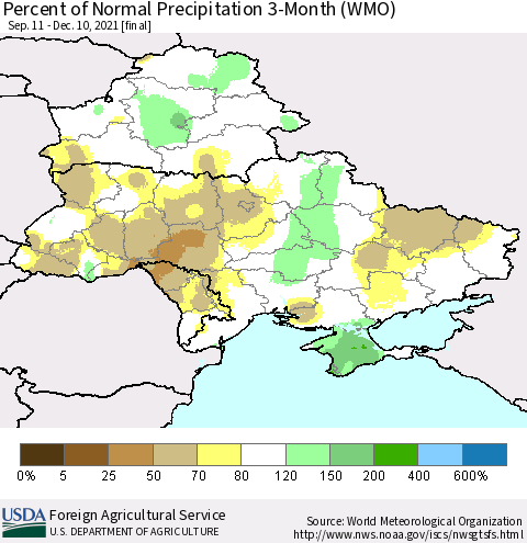 Ukraine, Moldova and Belarus Percent of Normal Precipitation 3-Month (WMO) Thematic Map For 9/11/2021 - 12/10/2021