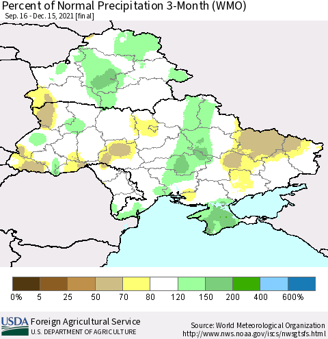Ukraine, Moldova and Belarus Percent of Normal Precipitation 3-Month (WMO) Thematic Map For 9/16/2021 - 12/15/2021