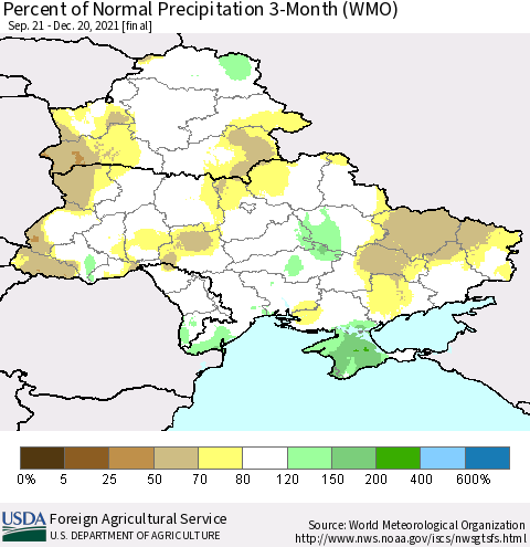 Ukraine, Moldova and Belarus Percent of Normal Precipitation 3-Month (WMO) Thematic Map For 9/21/2021 - 12/20/2021