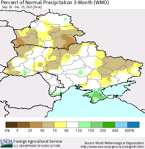 Ukraine, Moldova and Belarus Percent of Normal Precipitation 3-Month (WMO) Thematic Map For 9/26/2021 - 12/25/2021