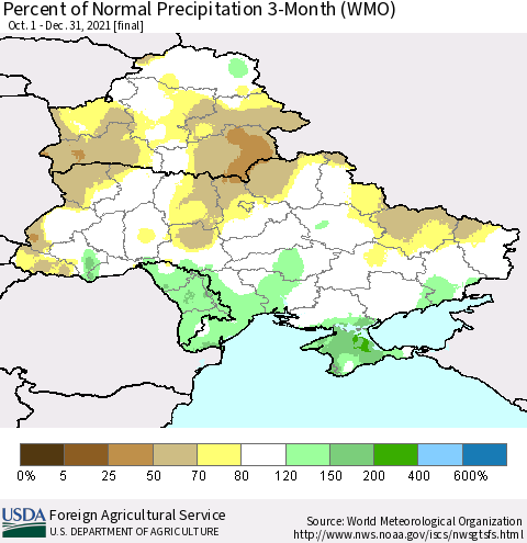 Ukraine, Moldova and Belarus Percent of Normal Precipitation 3-Month (WMO) Thematic Map For 10/1/2021 - 12/31/2021