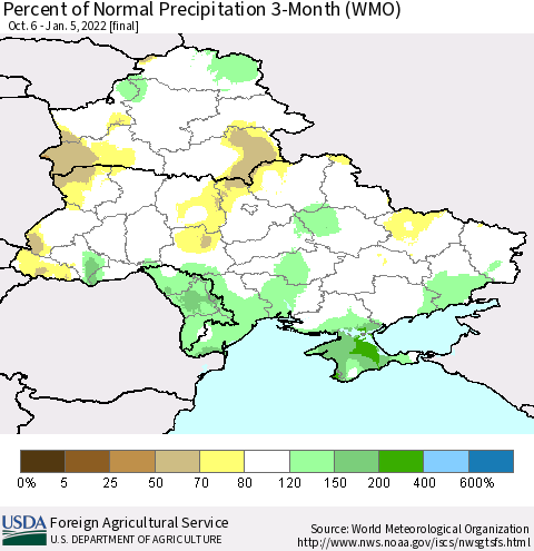 Ukraine, Moldova and Belarus Percent of Normal Precipitation 3-Month (WMO) Thematic Map For 10/6/2021 - 1/5/2022