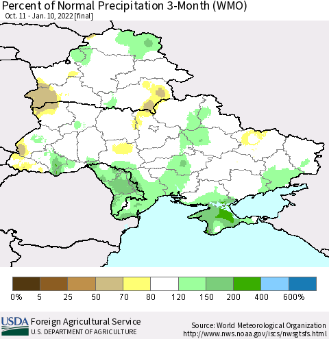 Ukraine, Moldova and Belarus Percent of Normal Precipitation 3-Month (WMO) Thematic Map For 10/11/2021 - 1/10/2022