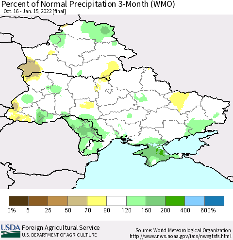 Ukraine, Moldova and Belarus Percent of Normal Precipitation 3-Month (WMO) Thematic Map For 10/16/2021 - 1/15/2022
