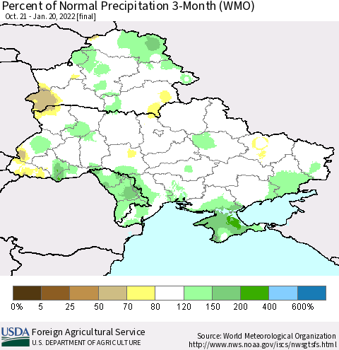 Ukraine, Moldova and Belarus Percent of Normal Precipitation 3-Month (WMO) Thematic Map For 10/21/2021 - 1/20/2022