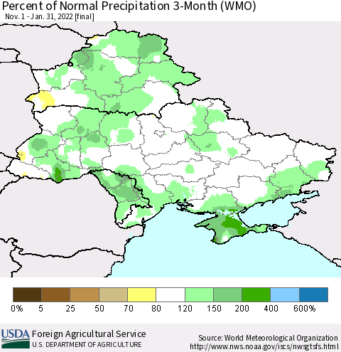 Ukraine, Moldova and Belarus Percent of Normal Precipitation 3-Month (WMO) Thematic Map For 11/1/2021 - 1/31/2022