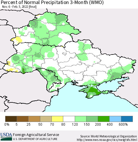 Ukraine, Moldova and Belarus Percent of Normal Precipitation 3-Month (WMO) Thematic Map For 11/6/2021 - 2/5/2022