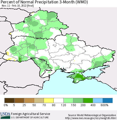 Ukraine, Moldova and Belarus Percent of Normal Precipitation 3-Month (WMO) Thematic Map For 11/11/2021 - 2/10/2022