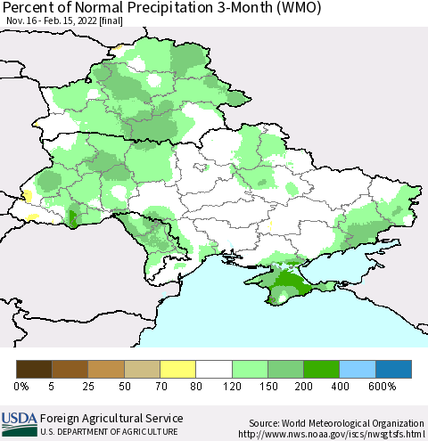 Ukraine, Moldova and Belarus Percent of Normal Precipitation 3-Month (WMO) Thematic Map For 11/16/2021 - 2/15/2022