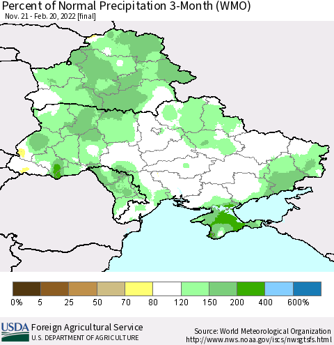 Ukraine, Moldova and Belarus Percent of Normal Precipitation 3-Month (WMO) Thematic Map For 11/21/2021 - 2/20/2022