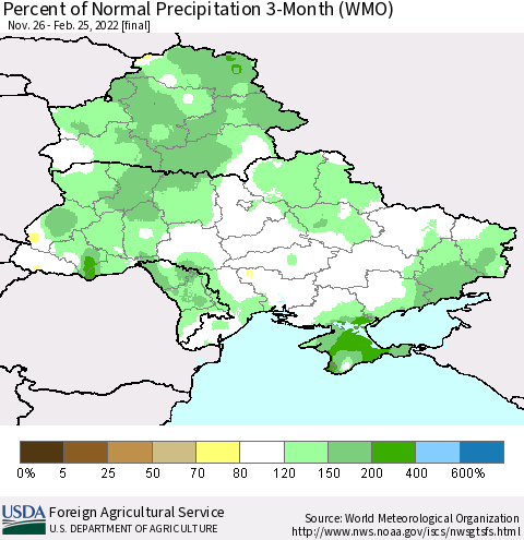 Ukraine, Moldova and Belarus Percent of Normal Precipitation 3-Month (WMO) Thematic Map For 11/26/2021 - 2/25/2022