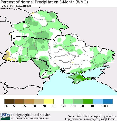 Ukraine, Moldova and Belarus Percent of Normal Precipitation 3-Month (WMO) Thematic Map For 12/6/2021 - 3/5/2022