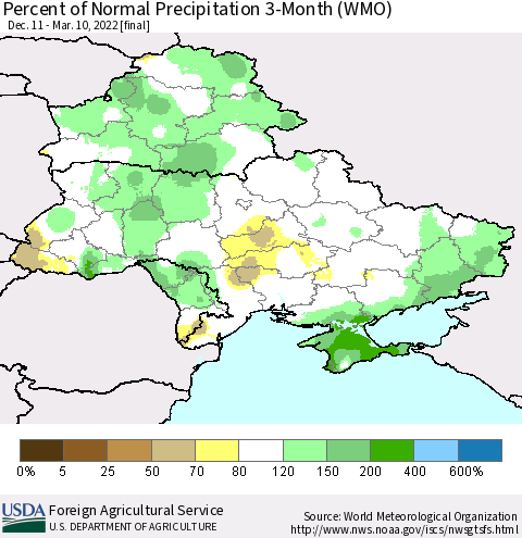 Ukraine, Moldova and Belarus Percent of Normal Precipitation 3-Month (WMO) Thematic Map For 12/11/2021 - 3/10/2022