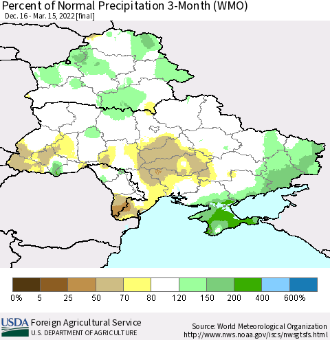 Ukraine, Moldova and Belarus Percent of Normal Precipitation 3-Month (WMO) Thematic Map For 12/16/2021 - 3/15/2022