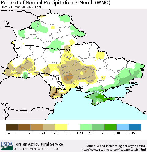 Ukraine, Moldova and Belarus Percent of Normal Precipitation 3-Month (WMO) Thematic Map For 12/21/2021 - 3/20/2022
