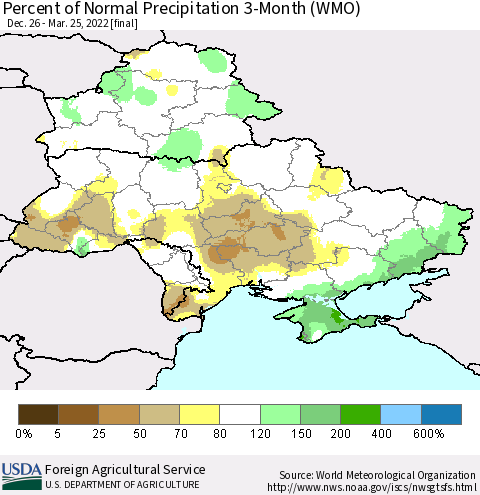 Ukraine, Moldova and Belarus Percent of Normal Precipitation 3-Month (WMO) Thematic Map For 12/26/2021 - 3/25/2022