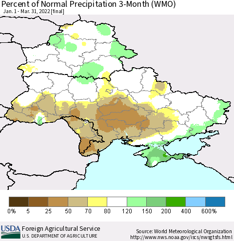Ukraine, Moldova and Belarus Percent of Normal Precipitation 3-Month (WMO) Thematic Map For 1/1/2022 - 3/31/2022