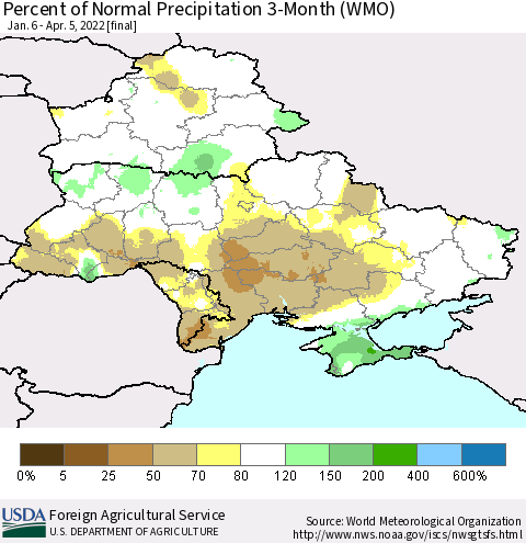 Ukraine, Moldova and Belarus Percent of Normal Precipitation 3-Month (WMO) Thematic Map For 1/6/2022 - 4/5/2022