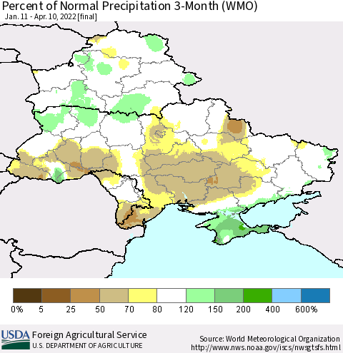 Ukraine, Moldova and Belarus Percent of Normal Precipitation 3-Month (WMO) Thematic Map For 1/11/2022 - 4/10/2022