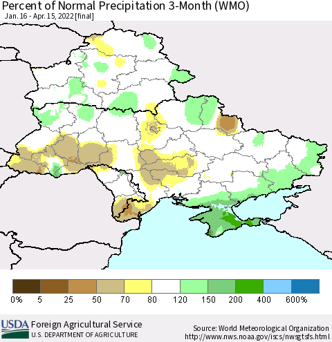 Ukraine, Moldova and Belarus Percent of Normal Precipitation 3-Month (WMO) Thematic Map For 1/16/2022 - 4/15/2022