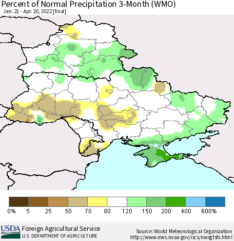 Ukraine, Moldova and Belarus Percent of Normal Precipitation 3-Month (WMO) Thematic Map For 1/21/2022 - 4/20/2022