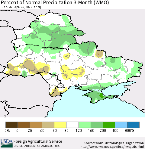 Ukraine, Moldova and Belarus Percent of Normal Precipitation 3-Month (WMO) Thematic Map For 1/26/2022 - 4/25/2022