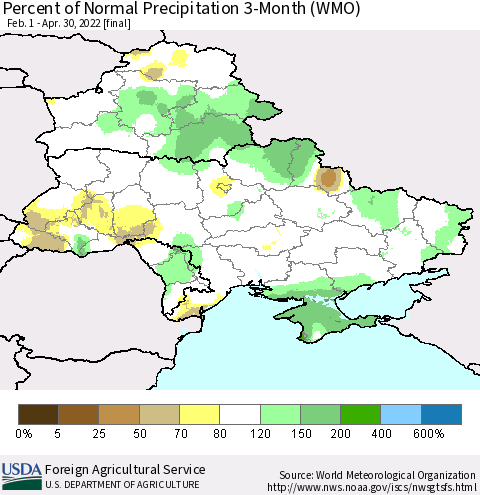 Ukraine, Moldova and Belarus Percent of Normal Precipitation 3-Month (WMO) Thematic Map For 2/1/2022 - 4/30/2022