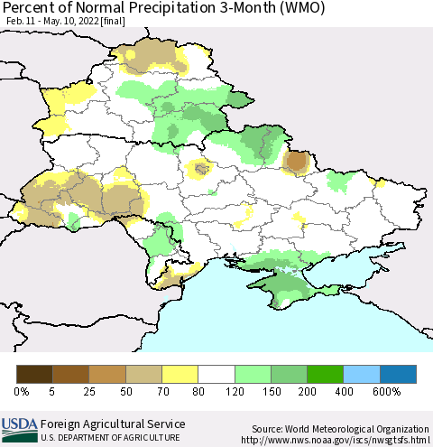 Ukraine, Moldova and Belarus Percent of Normal Precipitation 3-Month (WMO) Thematic Map For 2/11/2022 - 5/10/2022