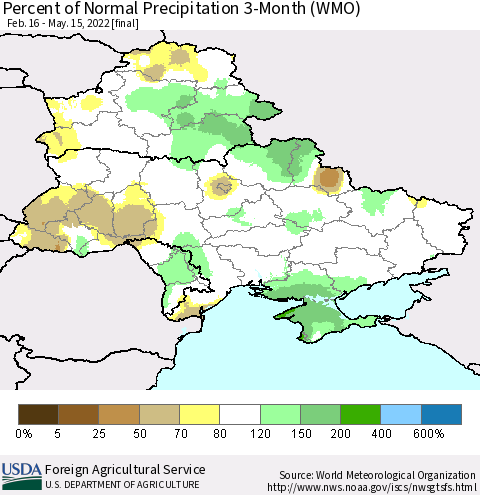 Ukraine, Moldova and Belarus Percent of Normal Precipitation 3-Month (WMO) Thematic Map For 2/16/2022 - 5/15/2022