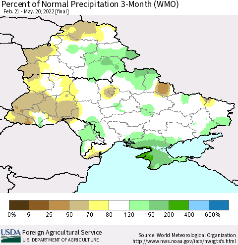 Ukraine, Moldova and Belarus Percent of Normal Precipitation 3-Month (WMO) Thematic Map For 2/21/2022 - 5/20/2022