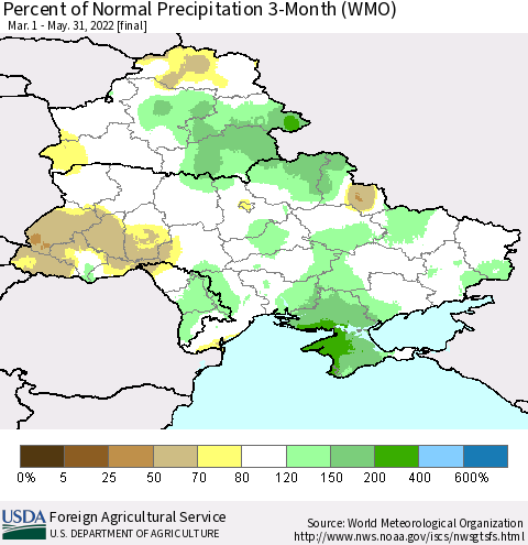 Ukraine, Moldova and Belarus Percent of Normal Precipitation 3-Month (WMO) Thematic Map For 3/1/2022 - 5/31/2022