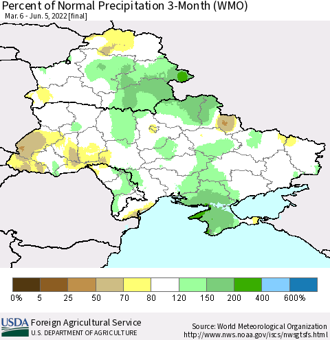 Ukraine, Moldova and Belarus Percent of Normal Precipitation 3-Month (WMO) Thematic Map For 3/6/2022 - 6/5/2022