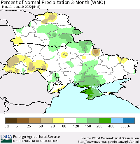 Ukraine, Moldova and Belarus Percent of Normal Precipitation 3-Month (WMO) Thematic Map For 3/11/2022 - 6/10/2022