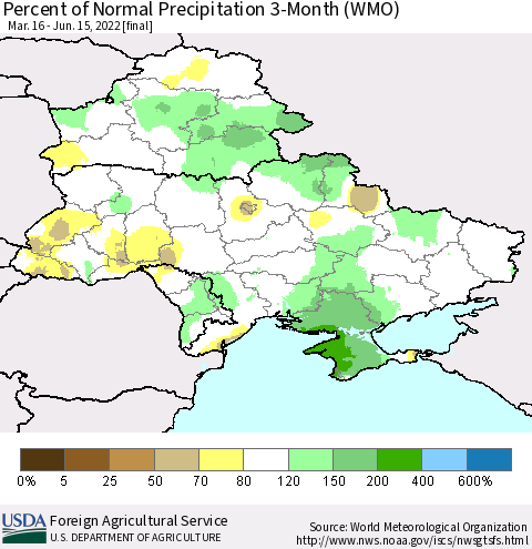 Ukraine, Moldova and Belarus Percent of Normal Precipitation 3-Month (WMO) Thematic Map For 3/16/2022 - 6/15/2022