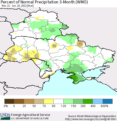 Ukraine, Moldova and Belarus Percent of Normal Precipitation 3-Month (WMO) Thematic Map For 3/21/2022 - 6/20/2022