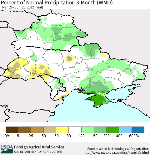 Ukraine, Moldova and Belarus Percent of Normal Precipitation 3-Month (WMO) Thematic Map For 3/26/2022 - 6/25/2022
