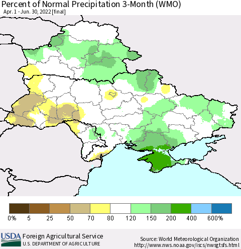 Ukraine, Moldova and Belarus Percent of Normal Precipitation 3-Month (WMO) Thematic Map For 4/1/2022 - 6/30/2022