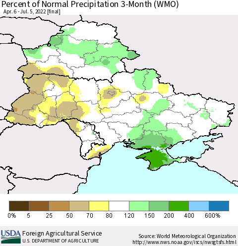Ukraine, Moldova and Belarus Percent of Normal Precipitation 3-Month (WMO) Thematic Map For 4/6/2022 - 7/5/2022