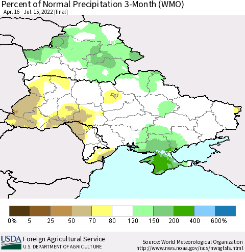 Ukraine, Moldova and Belarus Percent of Normal Precipitation 3-Month (WMO) Thematic Map For 4/16/2022 - 7/15/2022