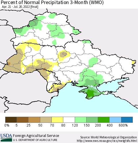 Ukraine, Moldova and Belarus Percent of Normal Precipitation 3-Month (WMO) Thematic Map For 4/21/2022 - 7/20/2022