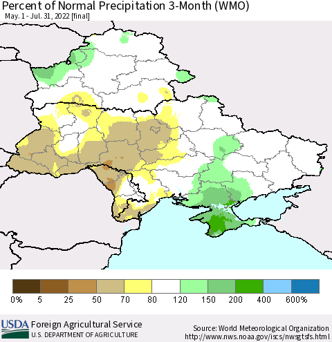 Ukraine, Moldova and Belarus Percent of Normal Precipitation 3-Month (WMO) Thematic Map For 5/1/2022 - 7/31/2022