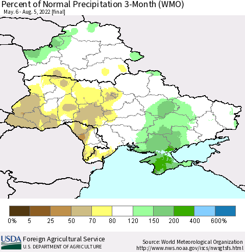 Ukraine, Moldova and Belarus Percent of Normal Precipitation 3-Month (WMO) Thematic Map For 5/6/2022 - 8/5/2022