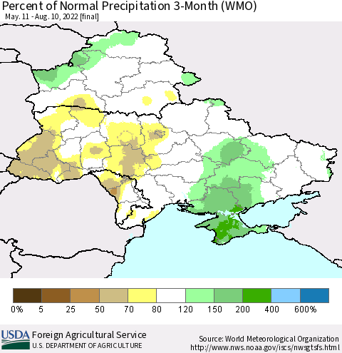 Ukraine, Moldova and Belarus Percent of Normal Precipitation 3-Month (WMO) Thematic Map For 5/11/2022 - 8/10/2022