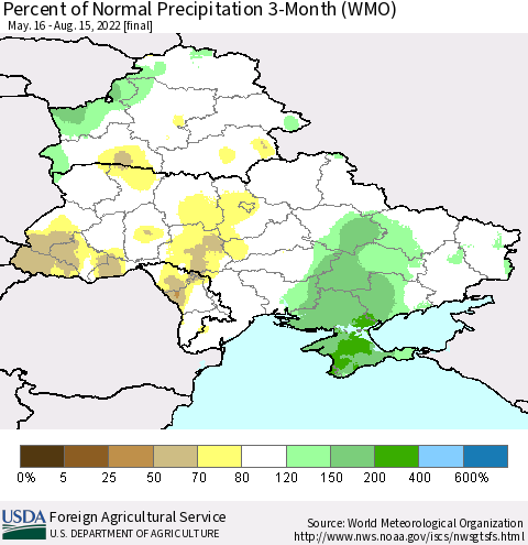 Ukraine, Moldova and Belarus Percent of Normal Precipitation 3-Month (WMO) Thematic Map For 5/16/2022 - 8/15/2022